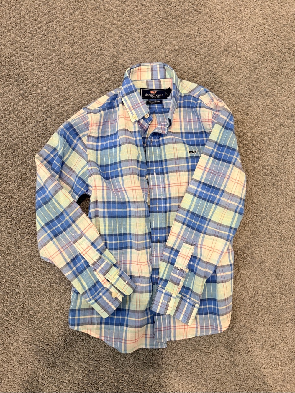 Vineyard Vines Boys Blue, White & Pink Plaid Button-Down